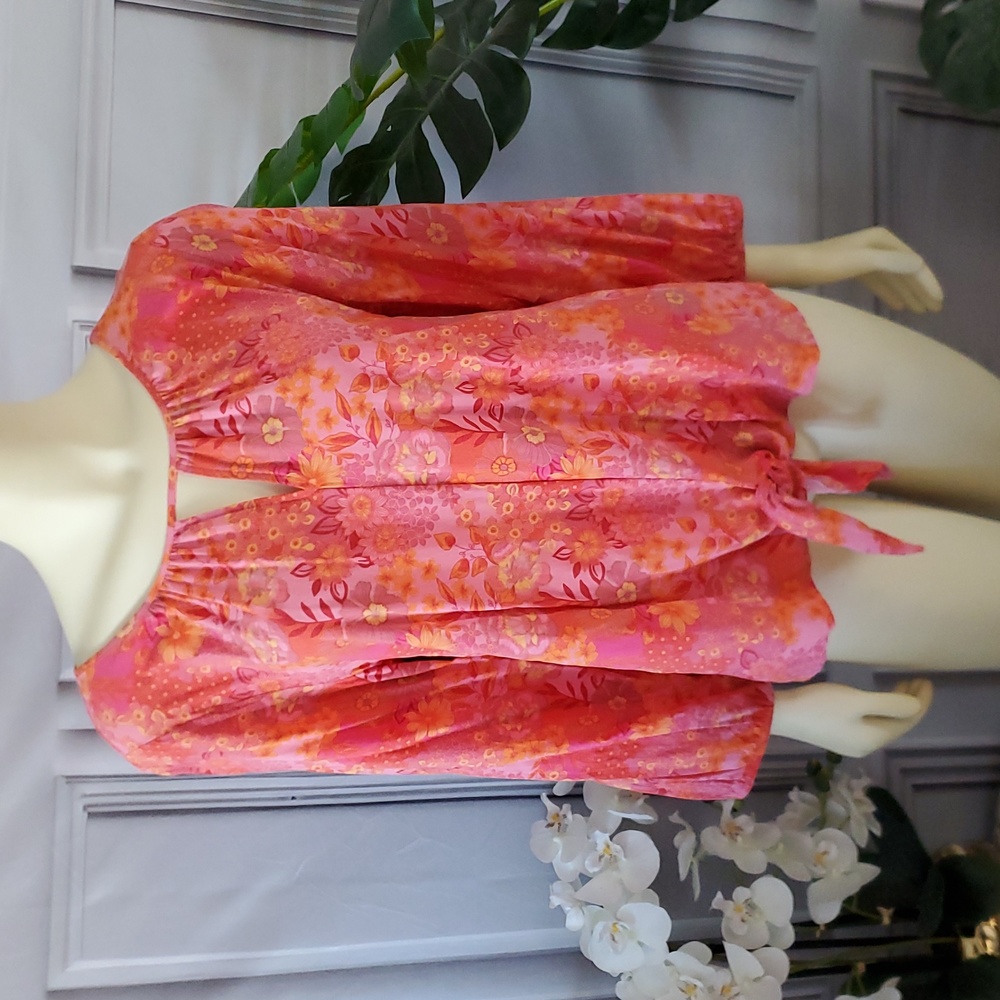 Beacon floral orange pink burgundy long sleeve cut out tie top for women XL